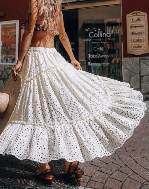 Bohemian White Tassel Hollow Out Embroidered Ruffled Cotton Skirt