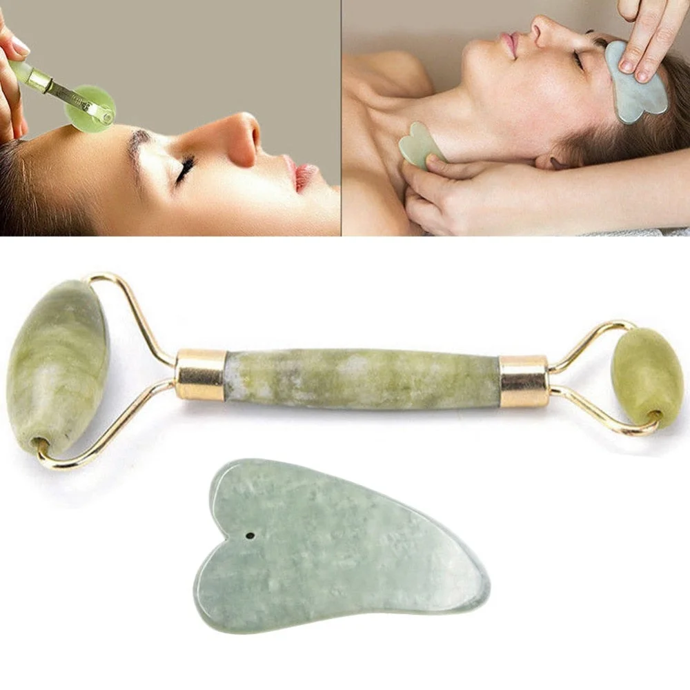 2Pcs/Set Facial Massage Jade Roller Face Neck Natural Stone Health Care Body Jade GuaSha Board Face Thin Massag Beauty Tool Set