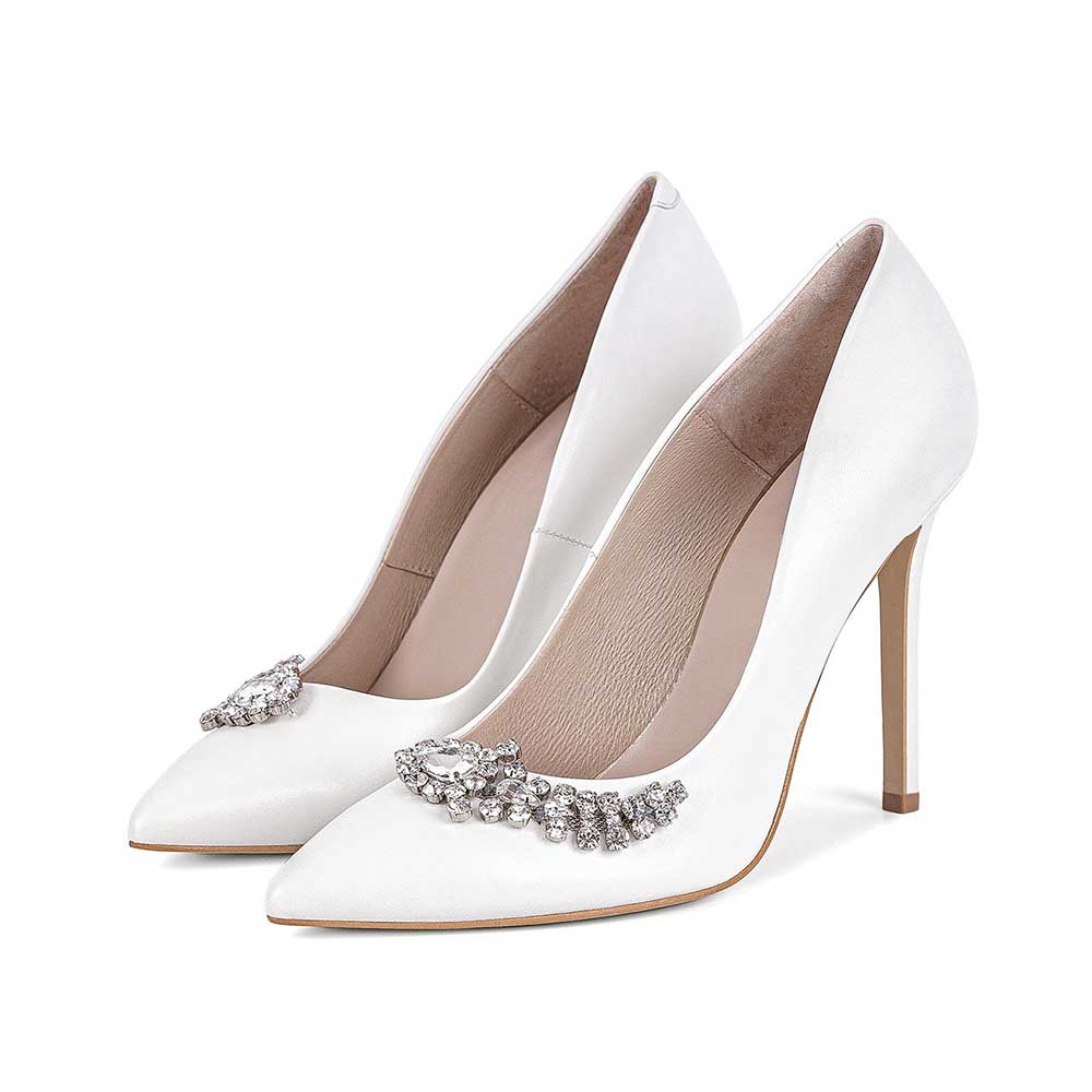 Elegant White Pointed Toe Rhinestone Stiletto Heel Wedding Pumps Shoes Nicepairs