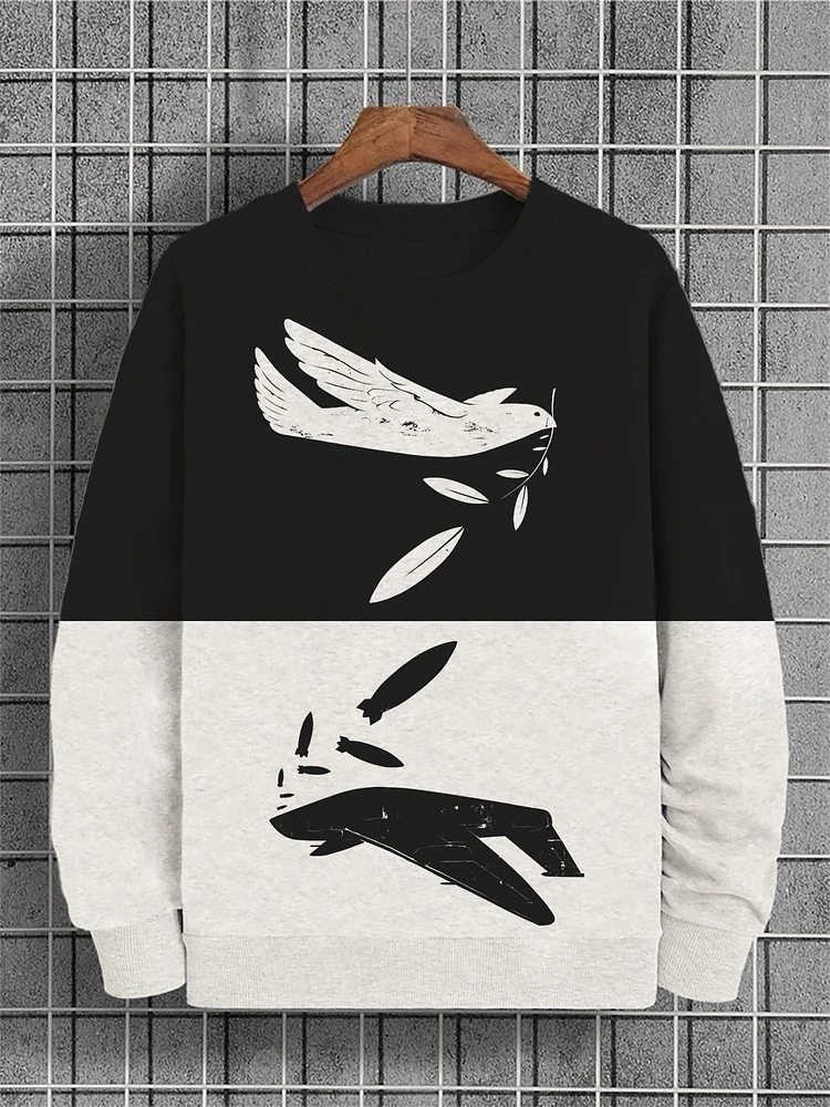 Men's Peace Dove and War Plane Print Casual Sweatshirt