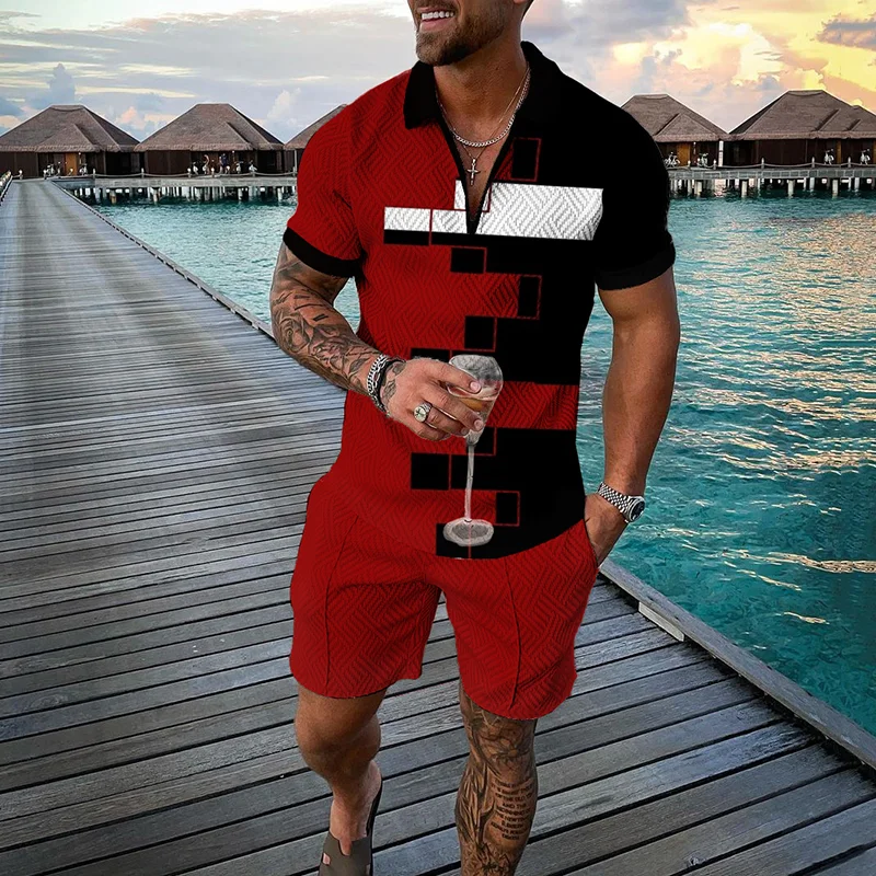 Men's  Multi Color Geometric Splicing Short Sleeve  Polo Shirt And Short Co-Ord