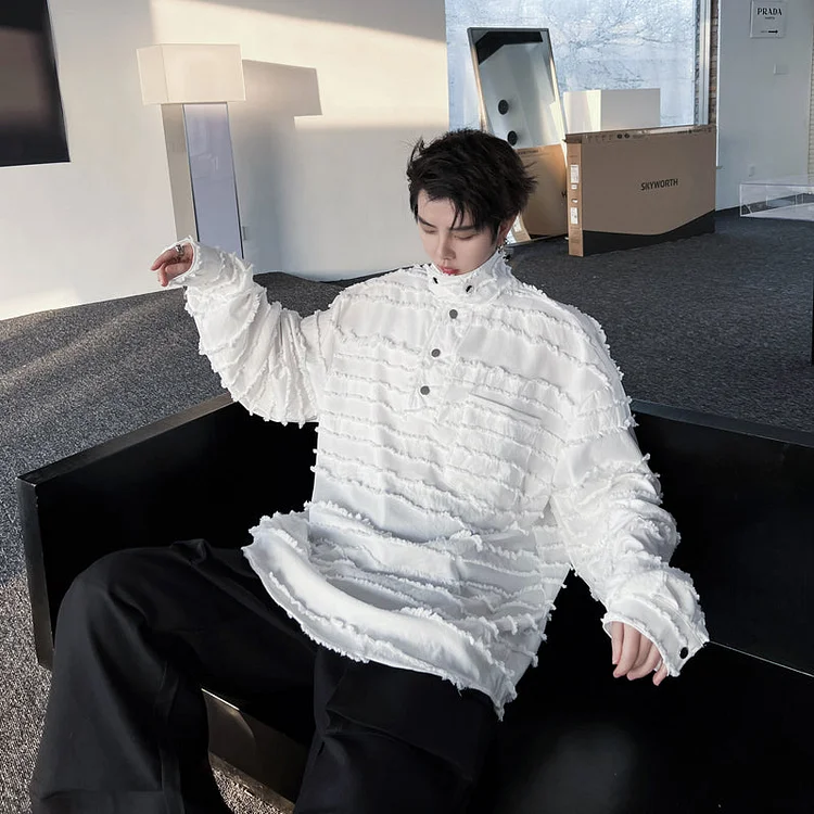 Dawfashion Techwear Streetwear-Spring Solid Stand-up Collar Pullover Cat Whisker Embellished Loose Long-sleeved Shirts-Streetfashion-Darkwear-Techwear