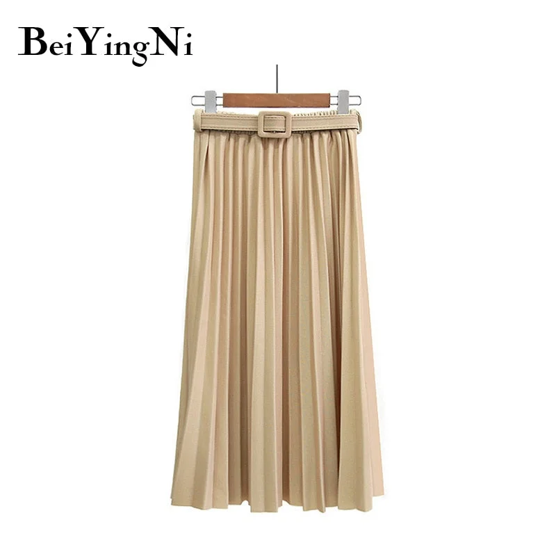 Beiyingni 20Colors Summer Solid Vintage Woman's Skirt Pleated Belted Harajuku Casual Slim Long Promotions Skirt Lady Preppy Saia