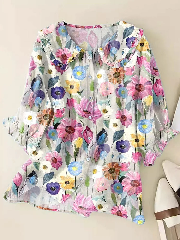 Women's  Fresh Floral Art Print Loose Top Peter Pan Collar Half Sleeve Blouses