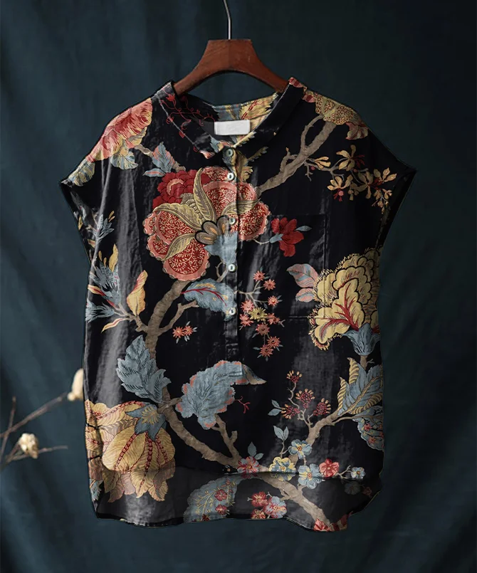 Vintage Floral Print Short-sleeved Cotton and Linen Shirt