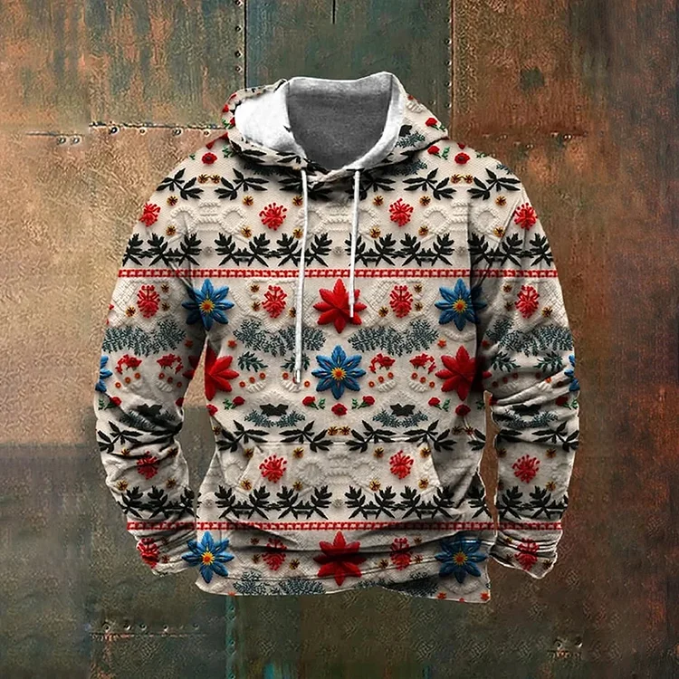 Comstylish Retro Christmas Flower Pattern Vintage Jacquard Knit Hooded Sweater