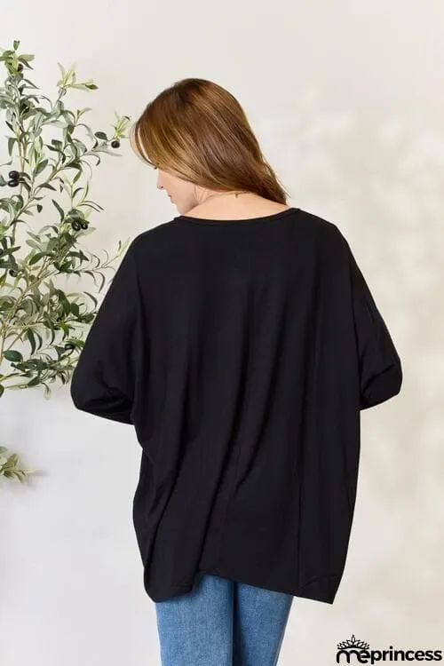 Zenana Full Size Round Neck Long Sleeve Top with Pocket