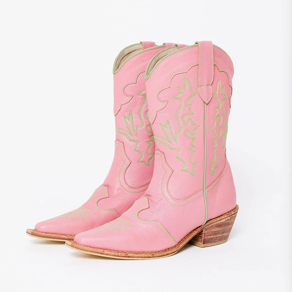 Pink Snip Toe Embroidered Stacked Heel Western Boots for Women