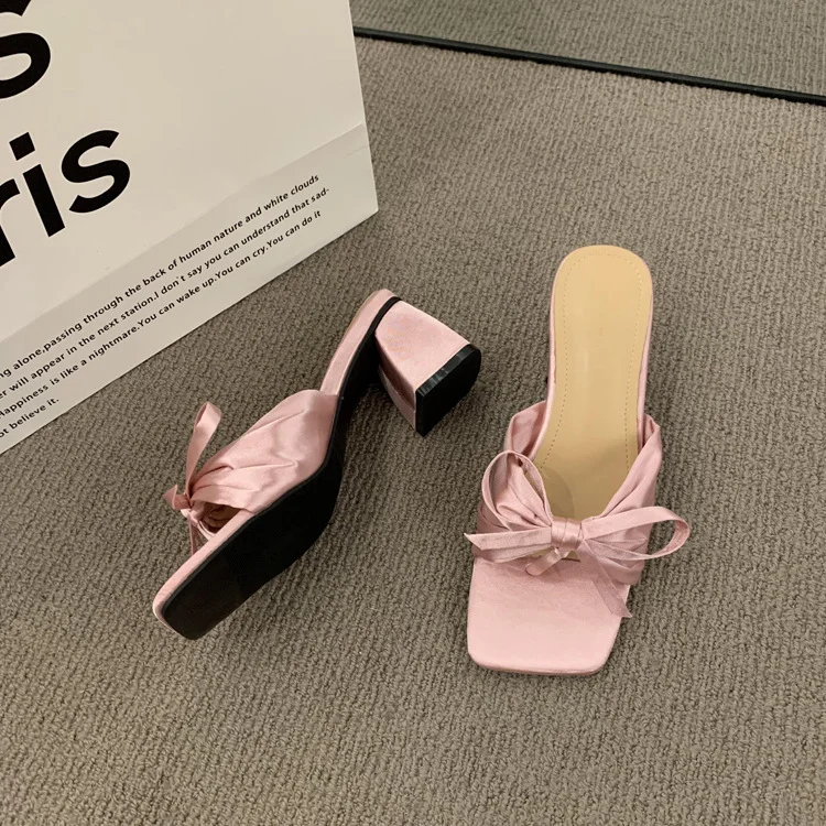 Breakj Breakj High-End Silk And Satin Bow Coarse And Cool Slippers Women Wear 2025 New Summer Dew High-Heeled Shoes