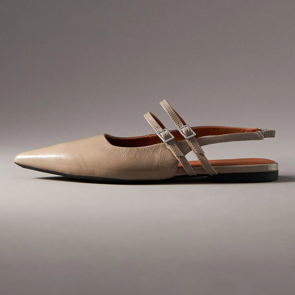 Taupe Pointed Toe Casual Slingback Flats with Buckle Strap