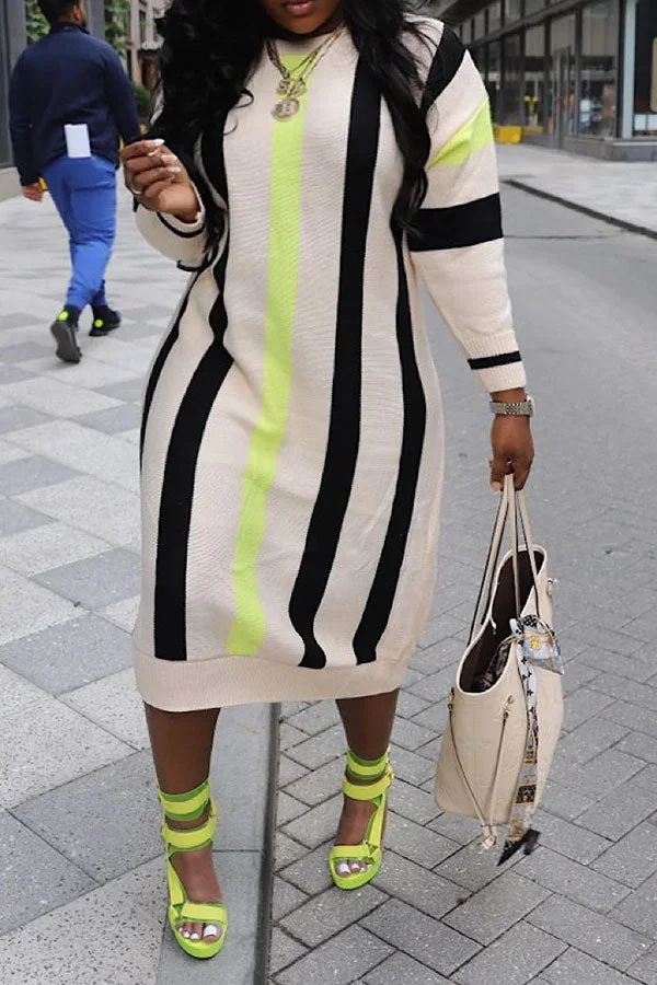 Vertical Striped Simple Knitted Midi Dress
