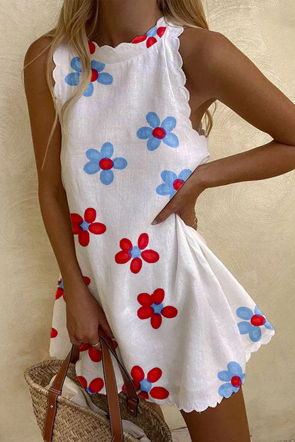 Two-Tone Red&Blue Flower Print Summer Dress