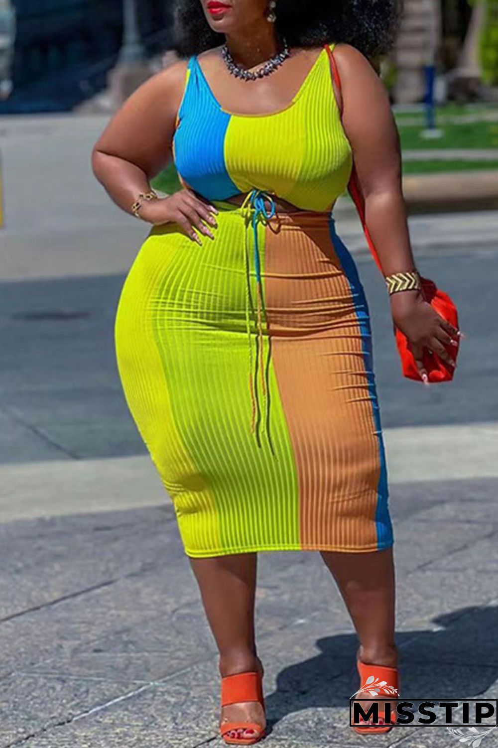 Fluorescent Green Casual Print Patchwork U Neck Plus Size Two Pieces