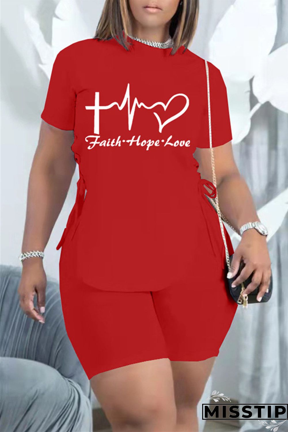 Black Fashion Casual Print Bandage Slit O Neck Short Sleeve Two Pieces