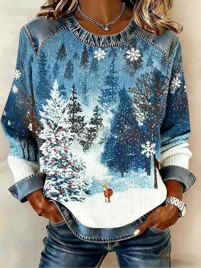 Women's Winter Retro Christmas Snow Scene Print Faux Denim Patchwork Top 