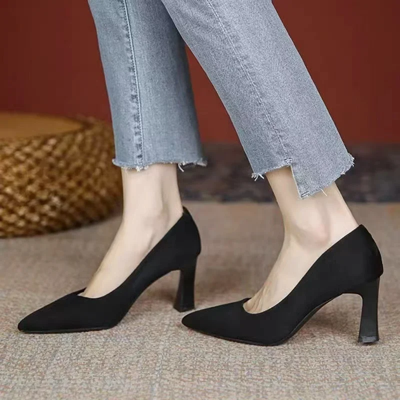 Breakj Breakj Women 2025 New Summer Black Fine Tip Pointy Light Mouth Velvet Career Hitchhed Temperament Single-Shoe Women