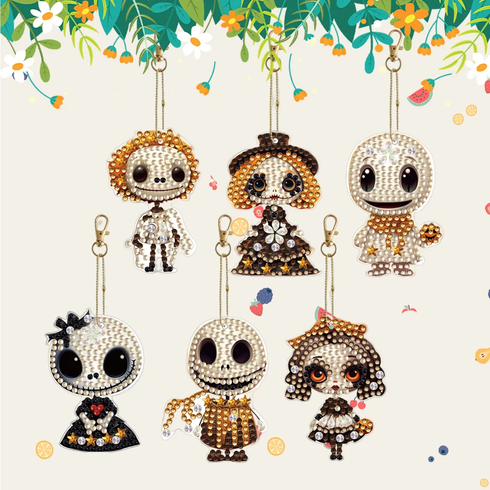 6pcs DIY Horror Doll Diamond Art Key Rings Double Sided Keychain Supplies Gift for Kids
