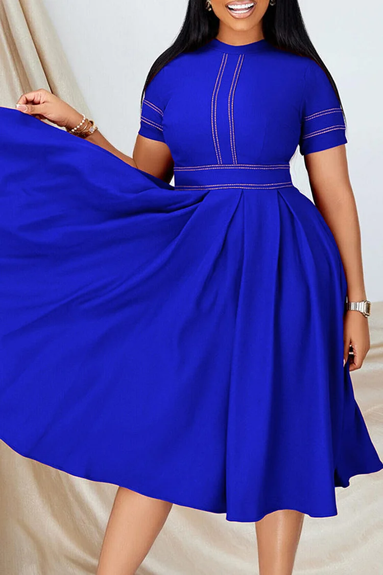 Plus Size Royal Blue Casual High Waist Pleated Round Neck Midi Dresses 