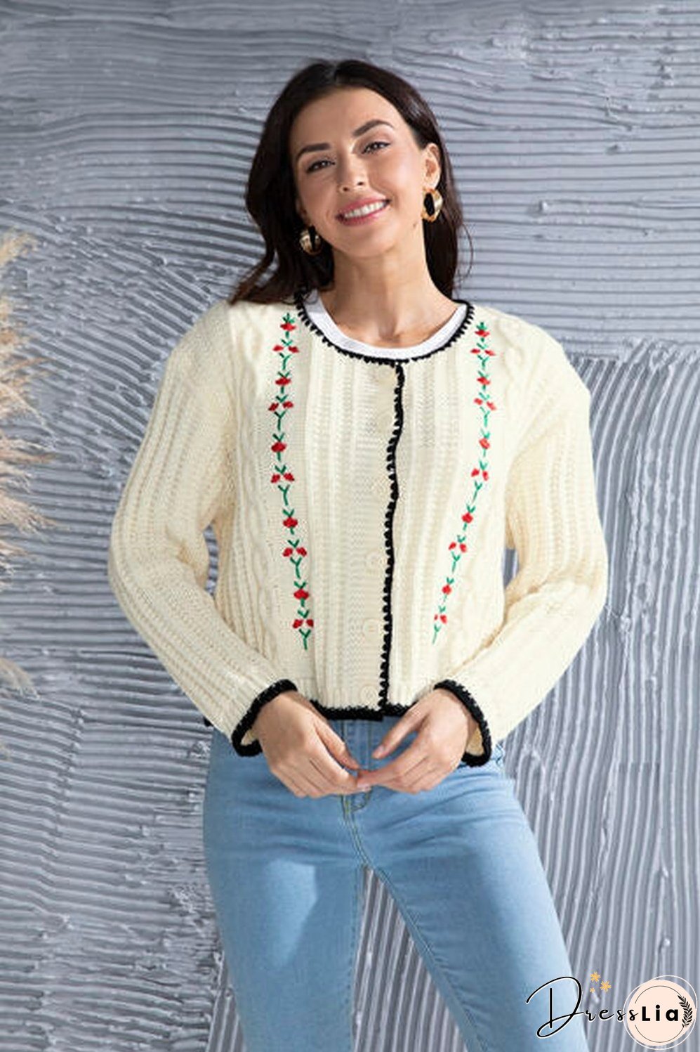 Graphic Cable-Knit Button Up Cardigan