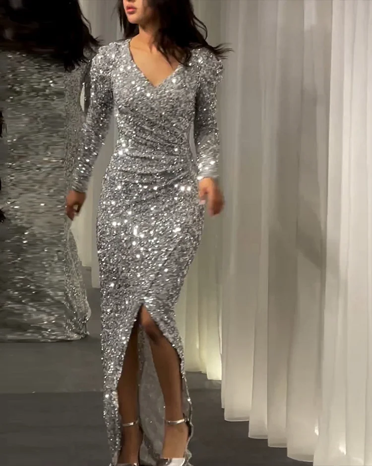 Women's V-neck long-sleeved slit sequined Dress
