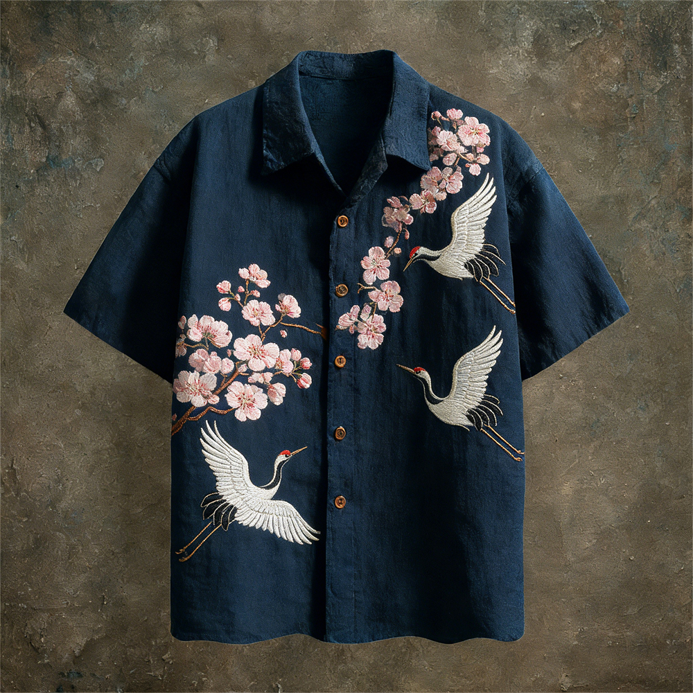 Japanese Cherry Blossom & Crane Pattern Vintage Men's Linen Short Sleeve Shirt  artssus