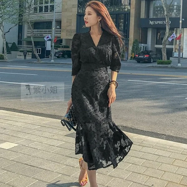 2020 Spring New Korean Style Office Ladies Midi Mermaid Dress Women Chiffon Three Quarter Sleeve Bodycon Ruffles Party Dresses