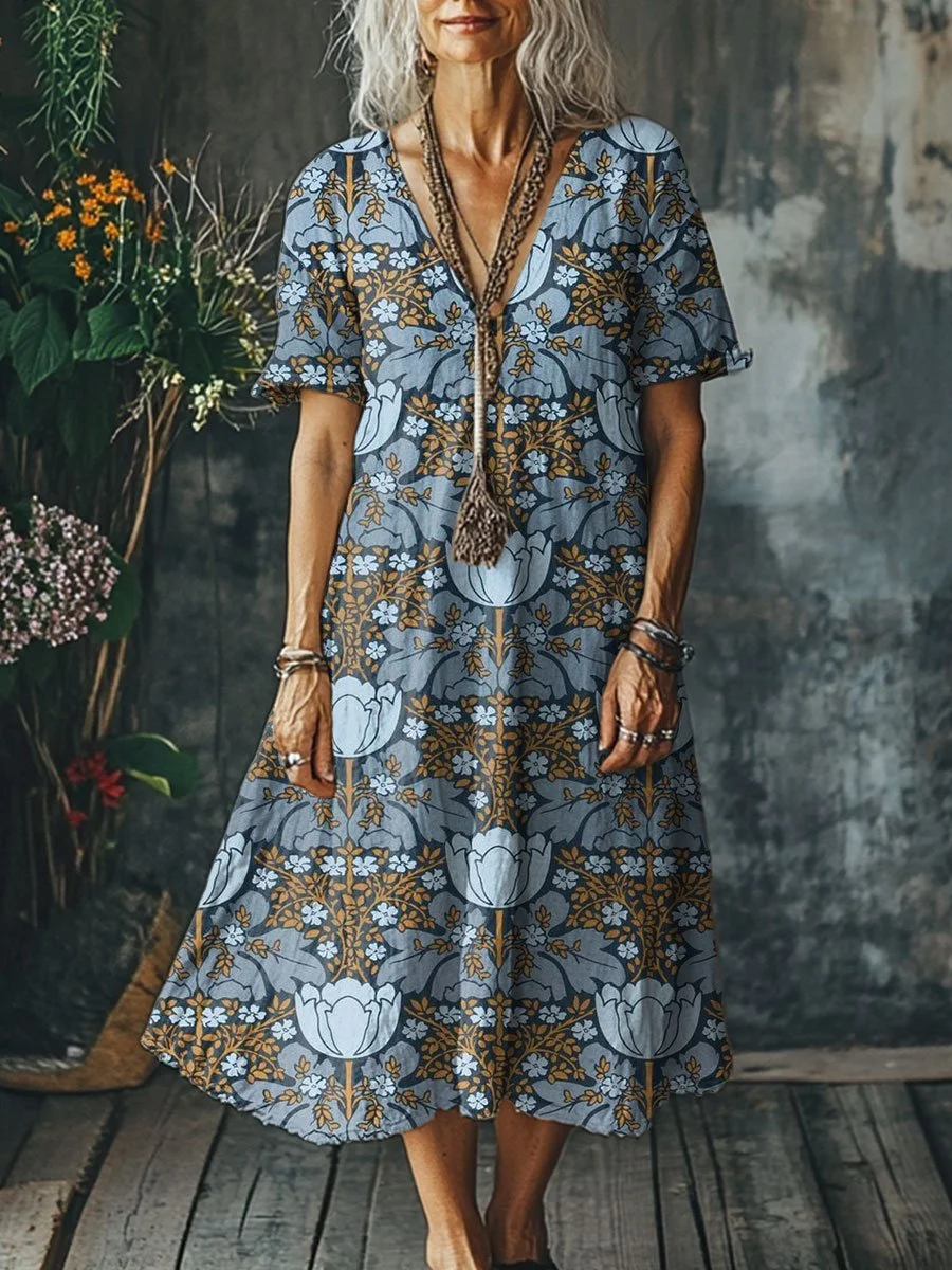 Women's  Flowers Art  Print Pocket Cotton Dress