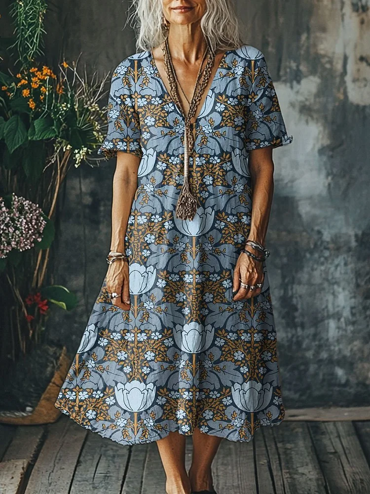 Women's  Flowers Art  Print Pocket Cotton Dress