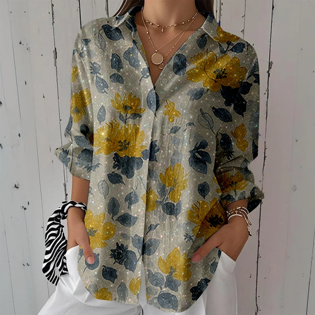 Style & Comfort for Mature Women Women Glitter,Floral,Yellow DZCL0002 3/4 Sleeve Shirt Collar Printed Button Tops