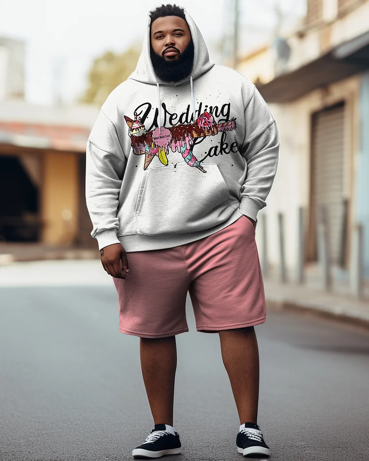 Men's Plus Size Hip Hop Dessert Ice Cream Graffiti Hoodie Shorts Two Piece Set