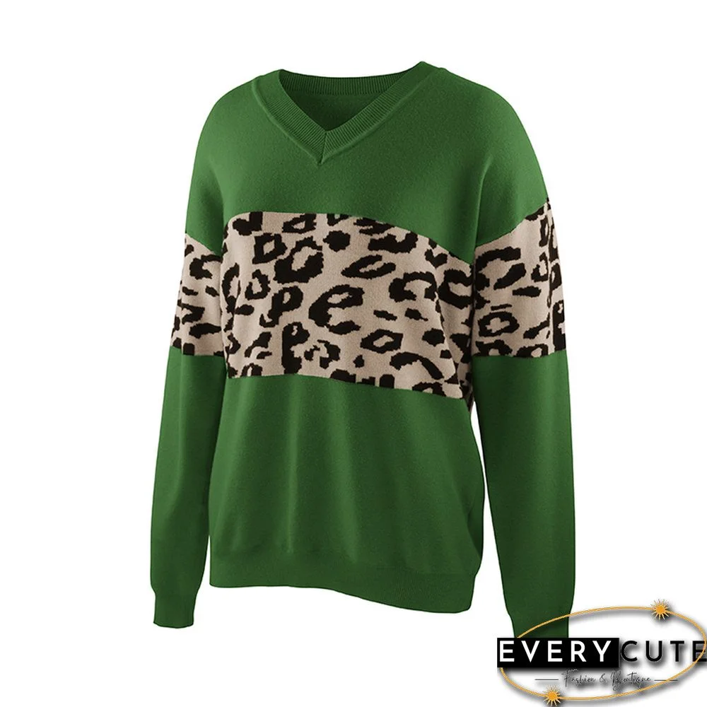 Green Splice Leopard Print V Neck Sweater