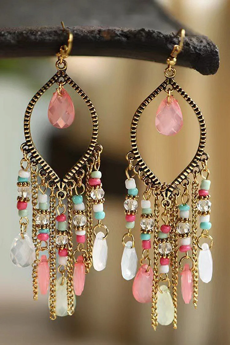 Retro Boho Openwork Frame Beaded Tassel Drop Earrings 2024 - Xpluswear