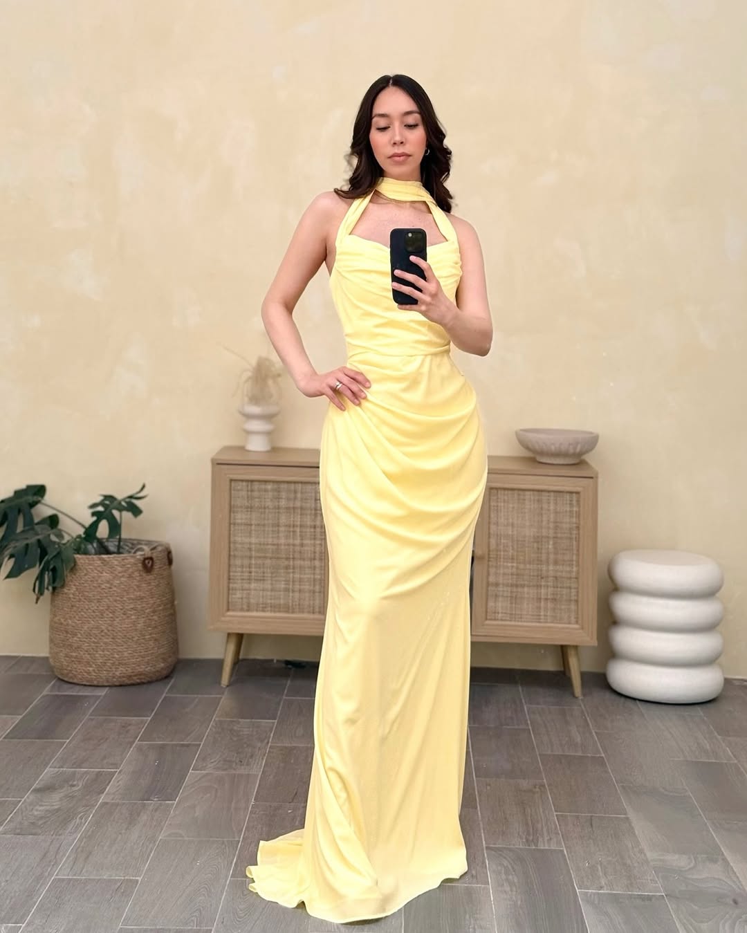 Ovlias Dazzling Yellow Halter Sleeveless Prom Dress Slimming with Ruffle Formal YC0003