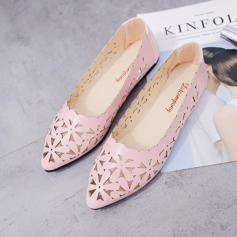 Women Hollow Flats Sandals Soft Ballet Shoes Female Fashion Casual PU Flats Slip On Breathable Comfort Ladies Shoes