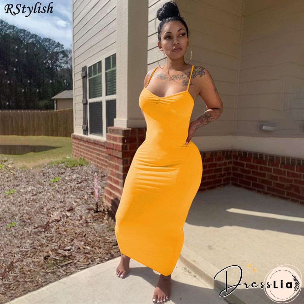 Elegant Women Solid Color Spaghetti Strap Sheath Long Dress