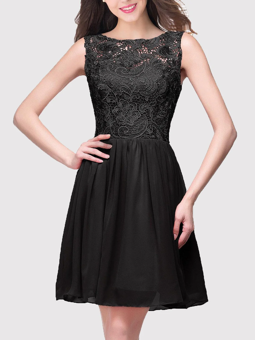 Neosepa-Elegant Round Neck Black Evening Mini Dress