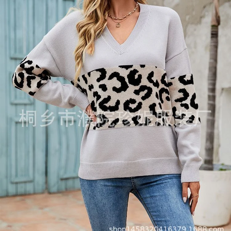 Athvotar Athvotar Autumn And Winter New V-Neck Spliced Knitted Shirt Women's Jacket Leopard Print Women's Sweater