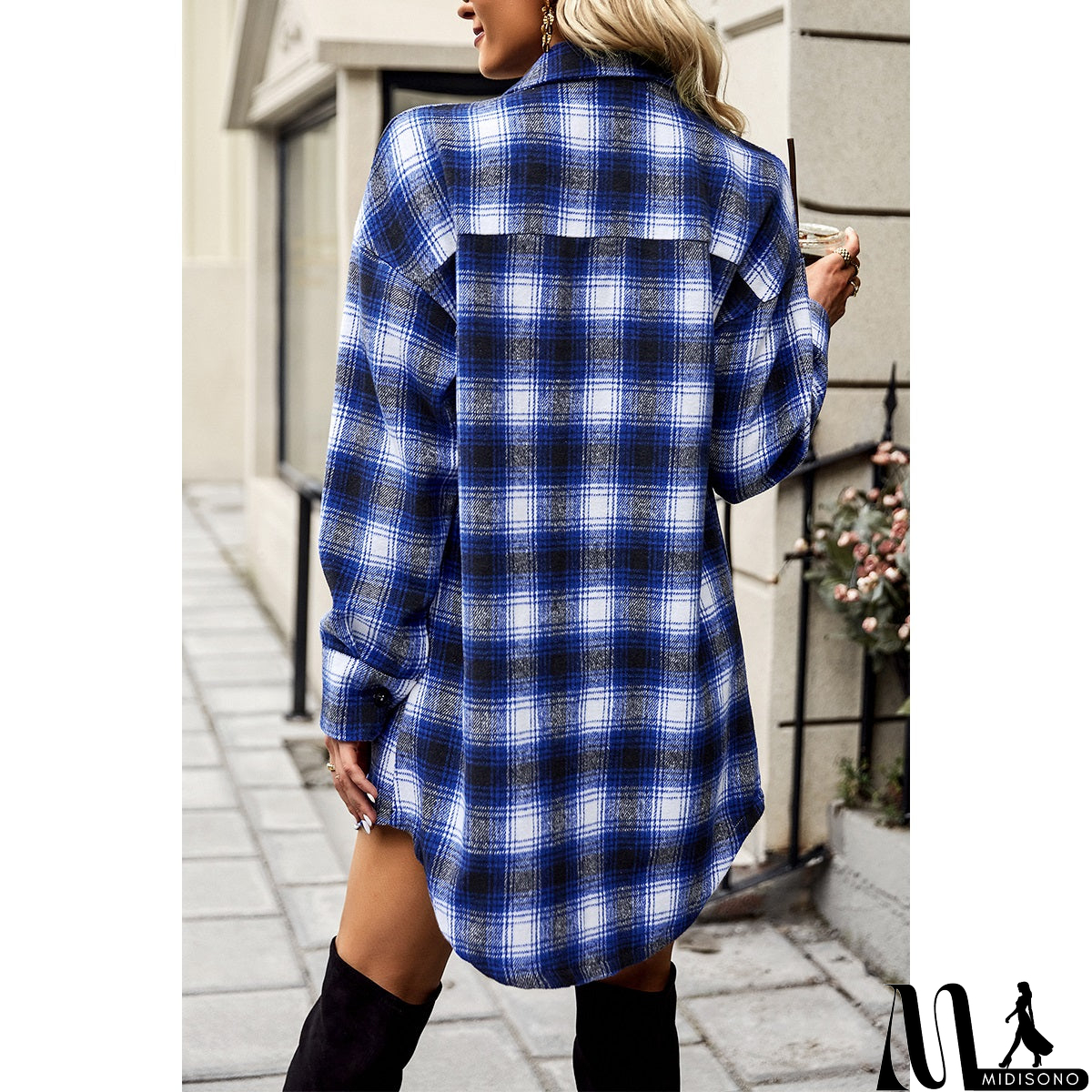 MidiSono - Plaid Front Open Button Blouse Pocket Coat