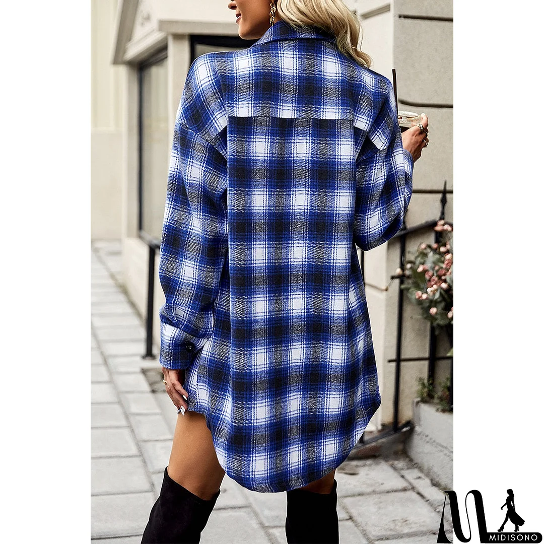 MidiSono - Plaid Front Open Button Blouse Pocket Coat
