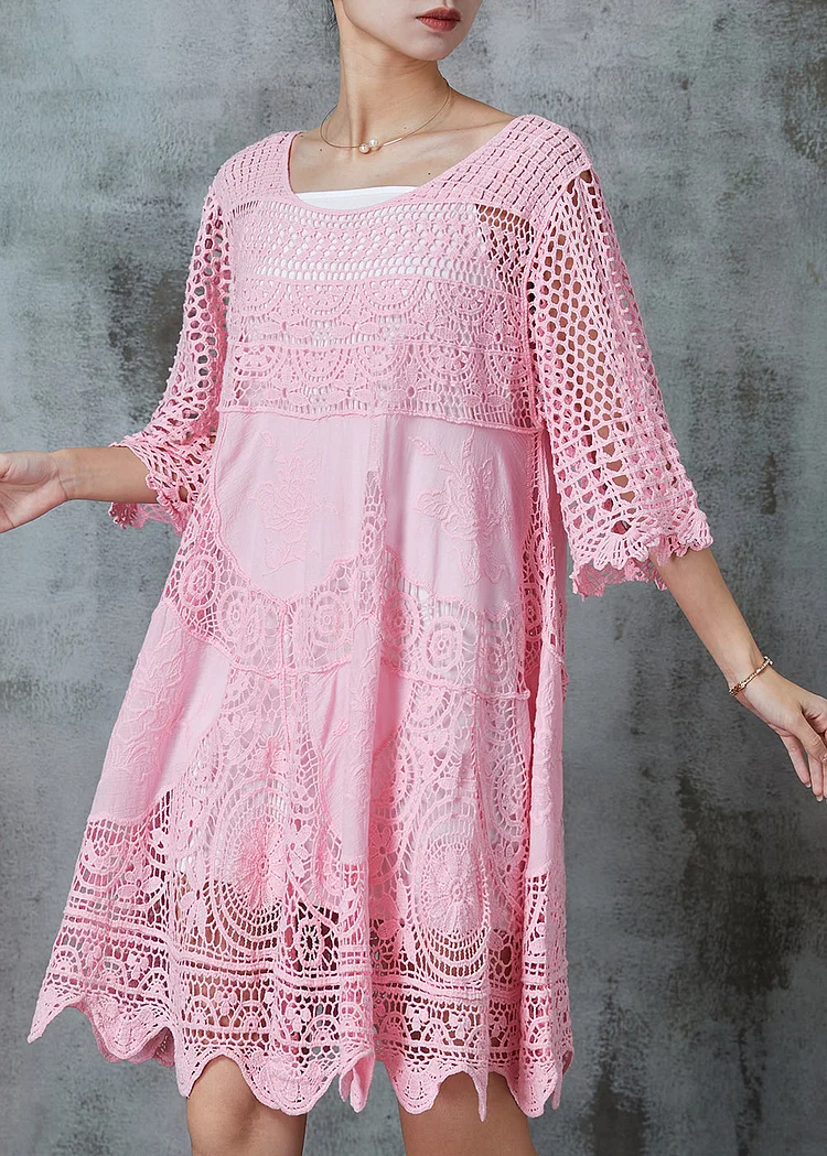 Women Pink Hollow Out Lace Holiday Dress Summer