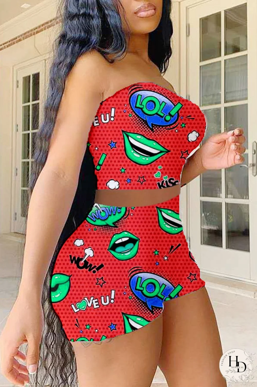 Red Sexy Casual Print Backless Strapless Sleeveless Two Pieces