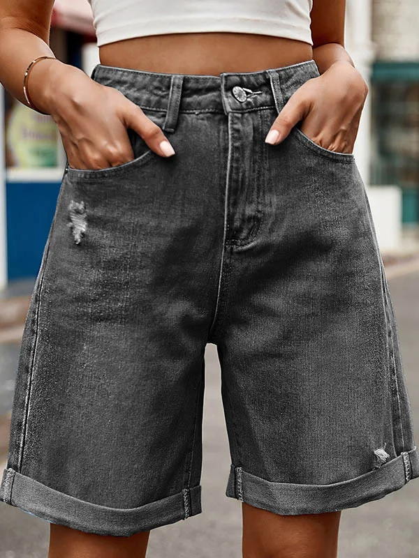 Buttoned Pockets High Waisted Loose Shorts Bottoms Jean Pants Bottoms