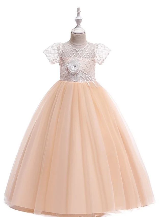Bellasprom Short Sleeves Ball Gown Round Floor Length Flower Girl Dress With Bow Appliques