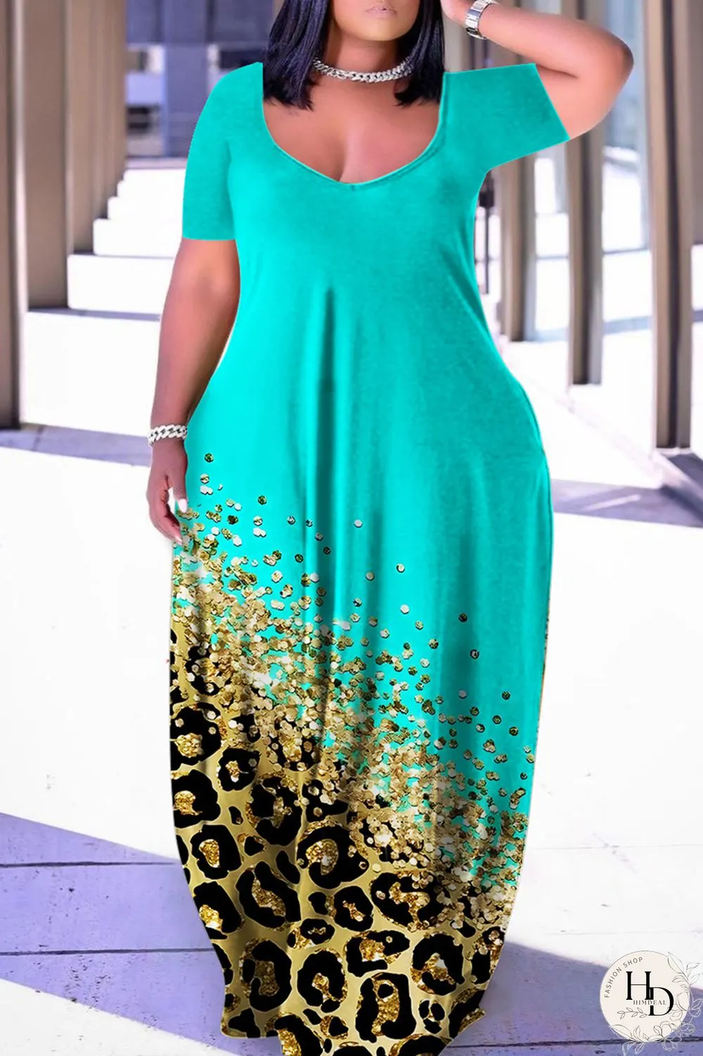 Black Casual Print Basic V Neck Short Sleeve Dress Dresses