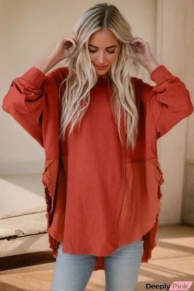 Contrast Texture Round Neck Long Sleeve Blouse