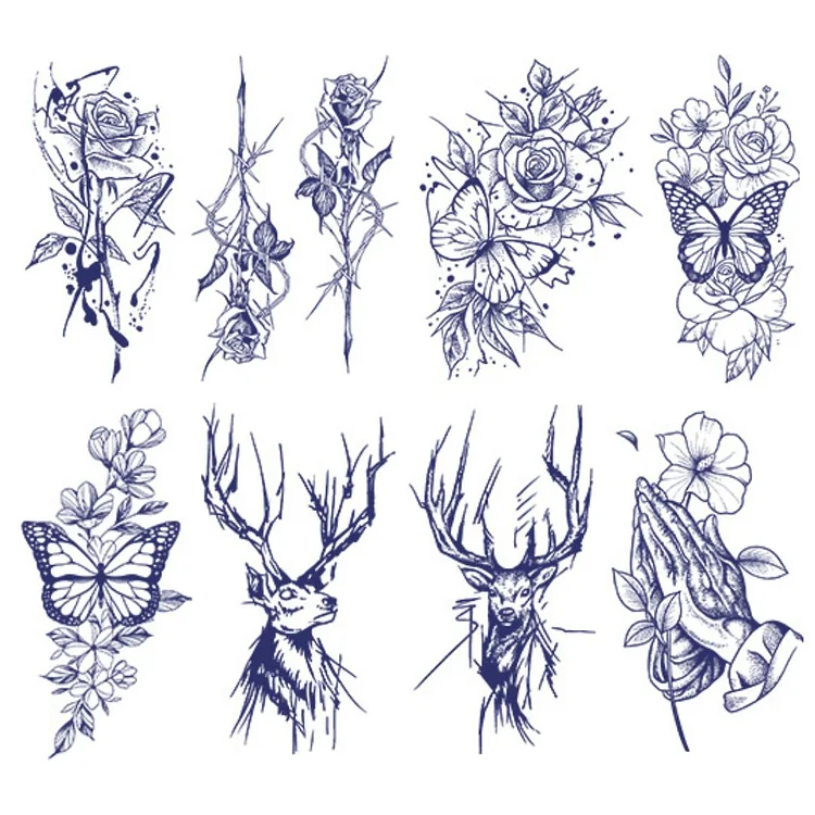 8 Sheets Rose Butterfly Deer Semi-Permanent Tattoo Stickers 