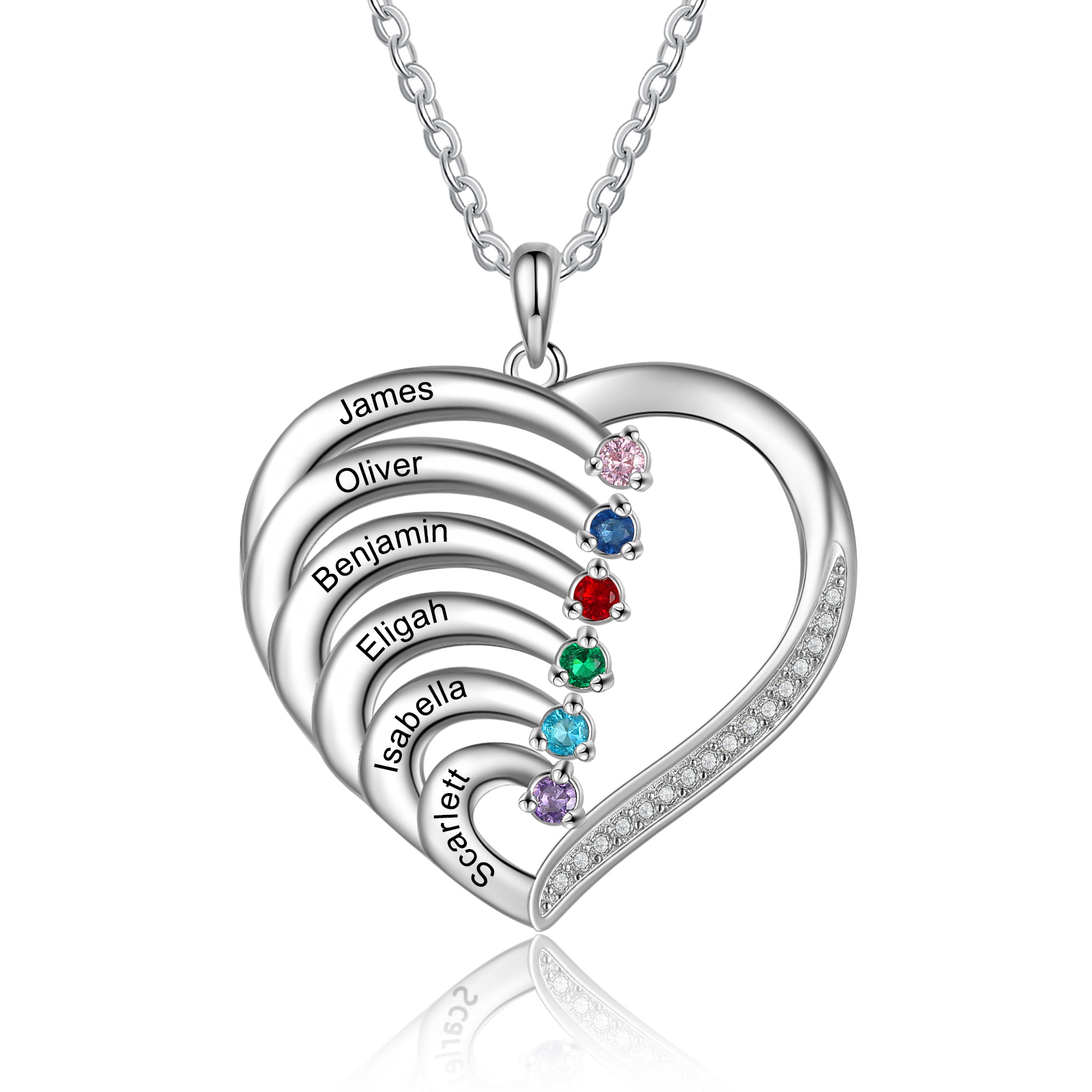 Argento S925 Collana con 6 nomi personalizzati e 6 pietre di nascita in ciondolo a cuore con scatola rosa