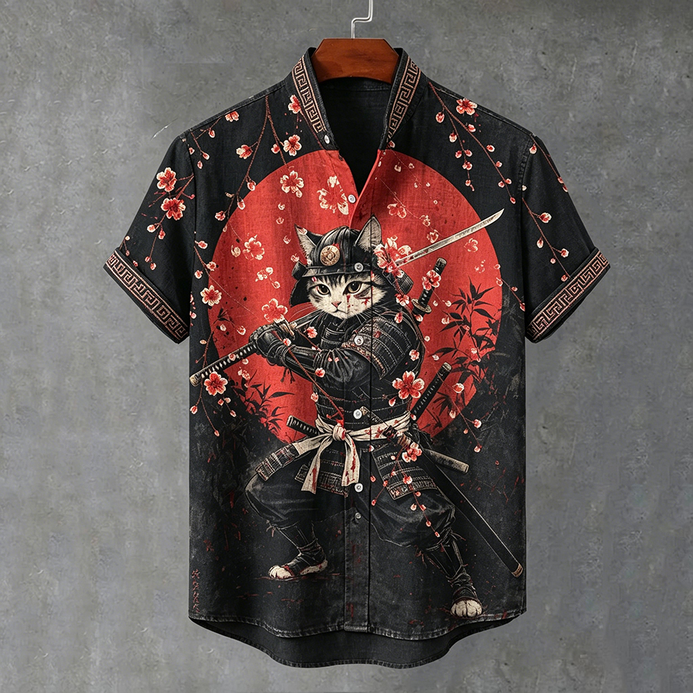 Men's Bloody Samurai Cat & Red Sun Japanese Art Linen Shirt elevenforest