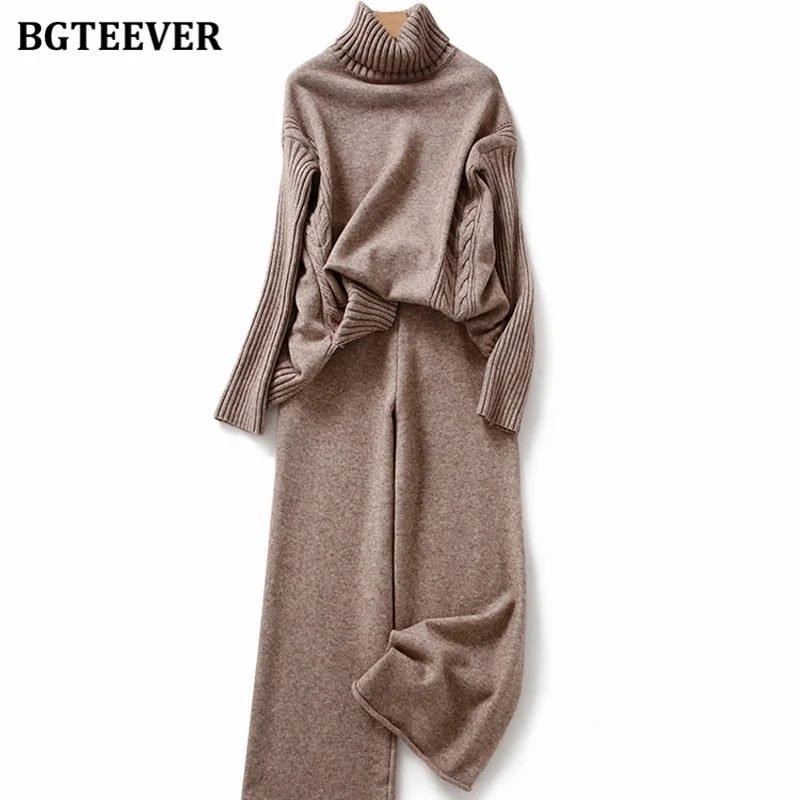BGTEEVER Autumn Winter Thicken Knitted 2 Pieces Set Women Turtleneck Pullover Sweater & Wide Leg Pants 2021 Sweater Set Female