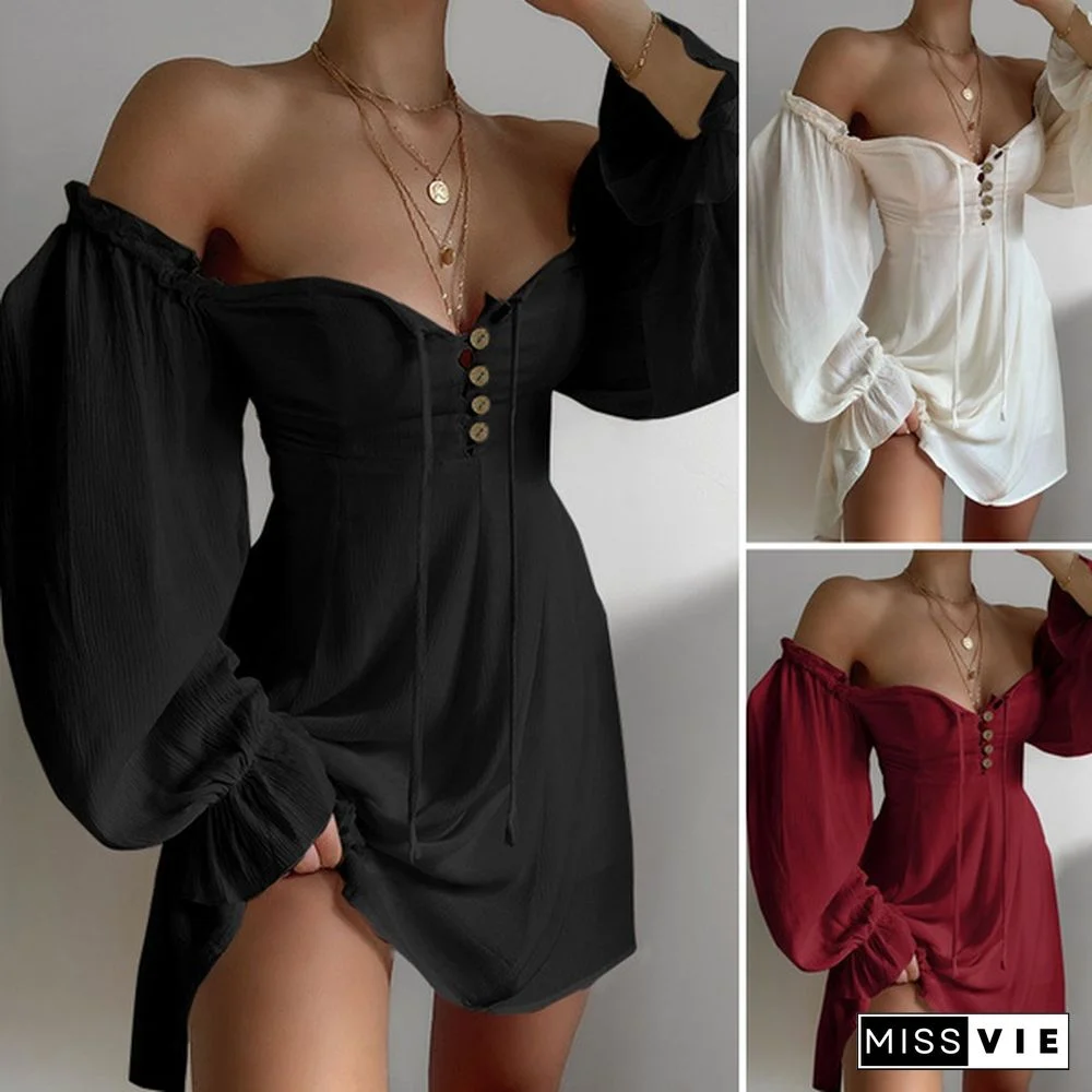 Women Ladies Off Shoulder Dress Deep V Neck Mini Swing Dress Full Sleeve Sundress Fit